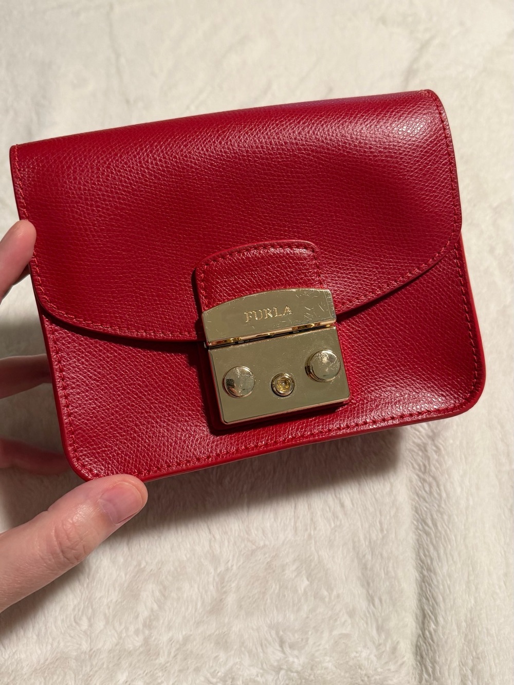Furla Red Pebbled Leather Mini Shoulder Bag with Gold Lock